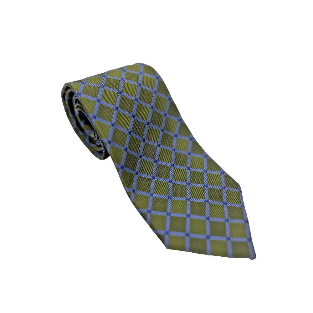 Geoffrey Beene Mens Necktie 57.5" Green and Blue Geometric Lattice 100% Silk USA